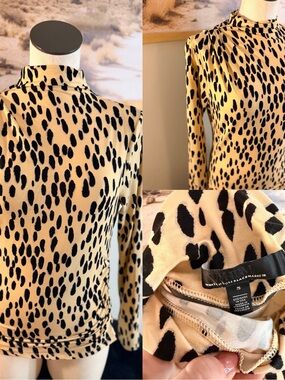 White House Black Market Tan and Black Leopard Print Mock Neck Top